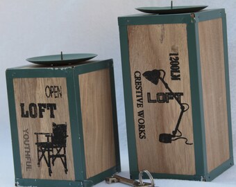 Künstler dachbodenfund Satz von zwei Industrie-Holz und Metall Kerze Halter Wohnheim und Künstler-Atelier