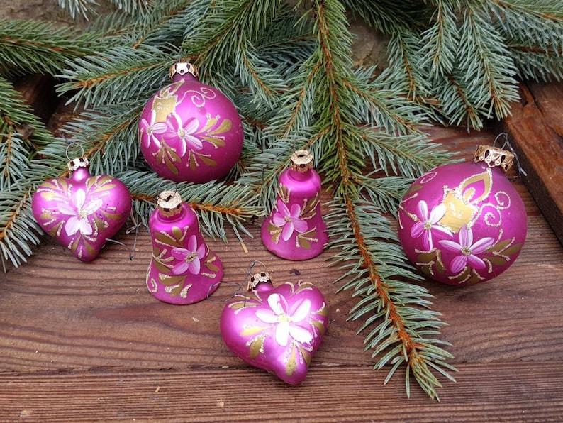 Pretty in Purple Vintage German Mercury Glass Hand Painted Christmas Ornaments Set of 6 Christmas Tree Decor Hearts Bells Balls Ship Inc