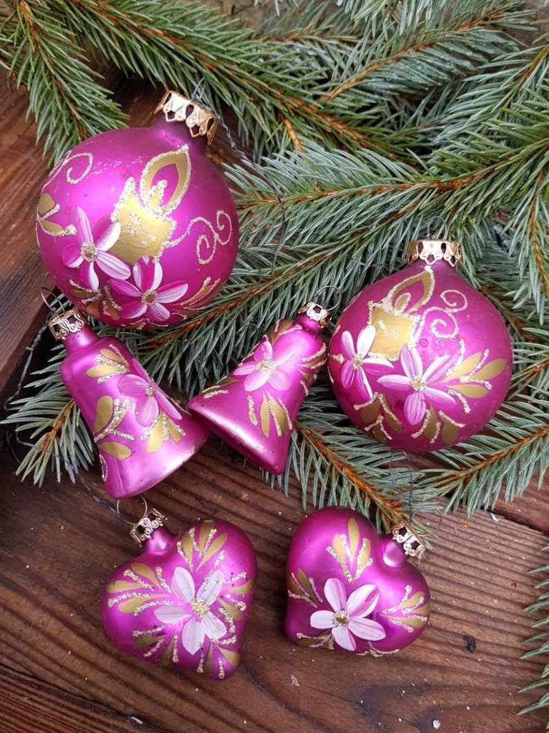Pretty in Purple Vintage German Mercury Glass Hand Painted Christmas Ornaments Set of 6 Christmas Tree Decor Hearts Bells Balls Ship Inc