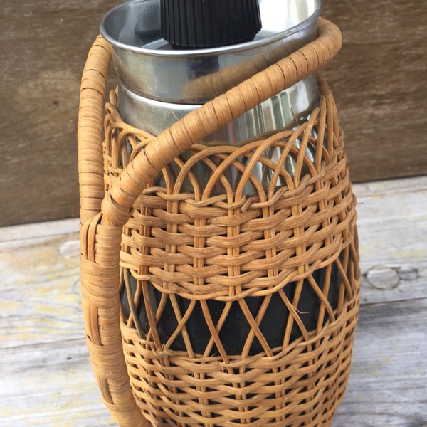 Retro Rattan Collectible 1960s Mid Century Modern Vintage German Wicker Woven Straw Coffee Carafe Thermos with Insulated Glass Interior and