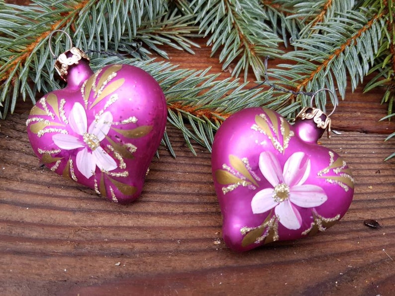 Pretty in Purple Vintage German Mercury Glass Hand Painted Christmas Ornaments Set of 6 Christmas Tree Decor Hearts Bells Balls Ship Inc