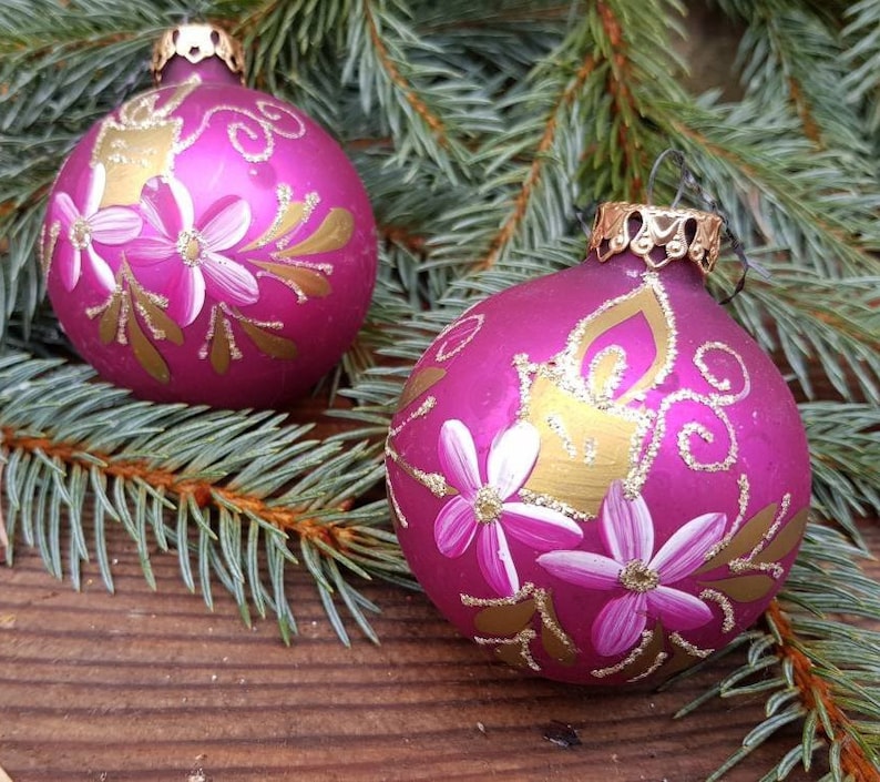 Pretty in Purple Vintage German Mercury Glass Hand Painted Christmas Ornaments Set of 6 Christmas Tree Decor Hearts Bells Balls Ship Inc