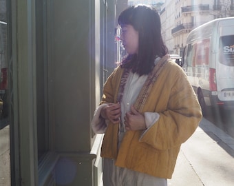 Haori coat for adult, KIKU (yellow), with the coller of Kantha quilt