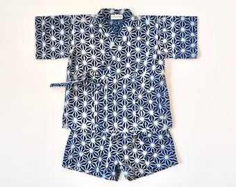 Baby Jinbey, Jinbei, Kimono for babies, INDIGO ASANOHA ENFANT, hand block printed fabric from India, made in France