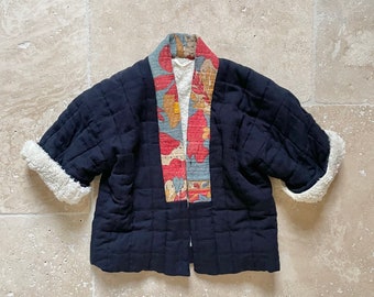 Manteau HAORI pour enfant, TSUBAME bleumarine 24 mois + col Flower ciel * prix doux