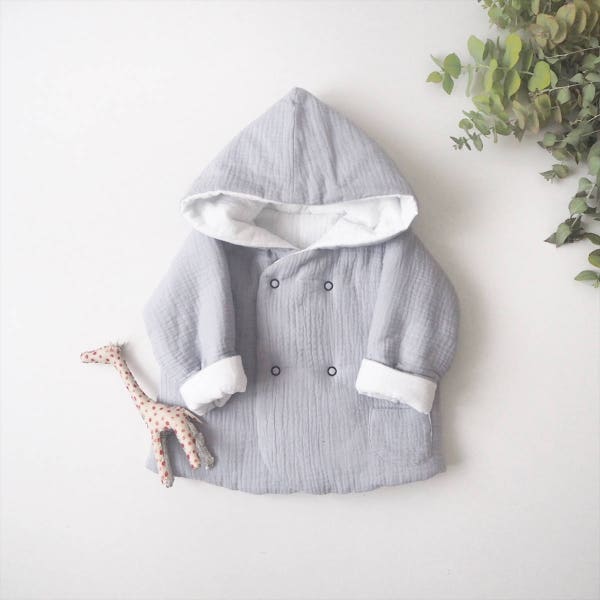 Baby réversible "Lutin" jacket, Elephant, made in France, kimono sleeve, Double gauze