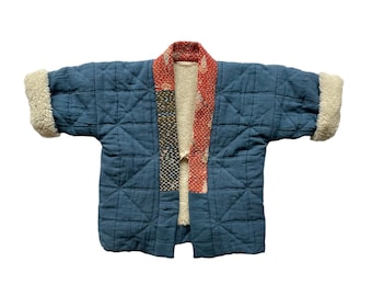 Manteau HAORI pour enfant, YAMATO bleu avec le col Kantha vintage