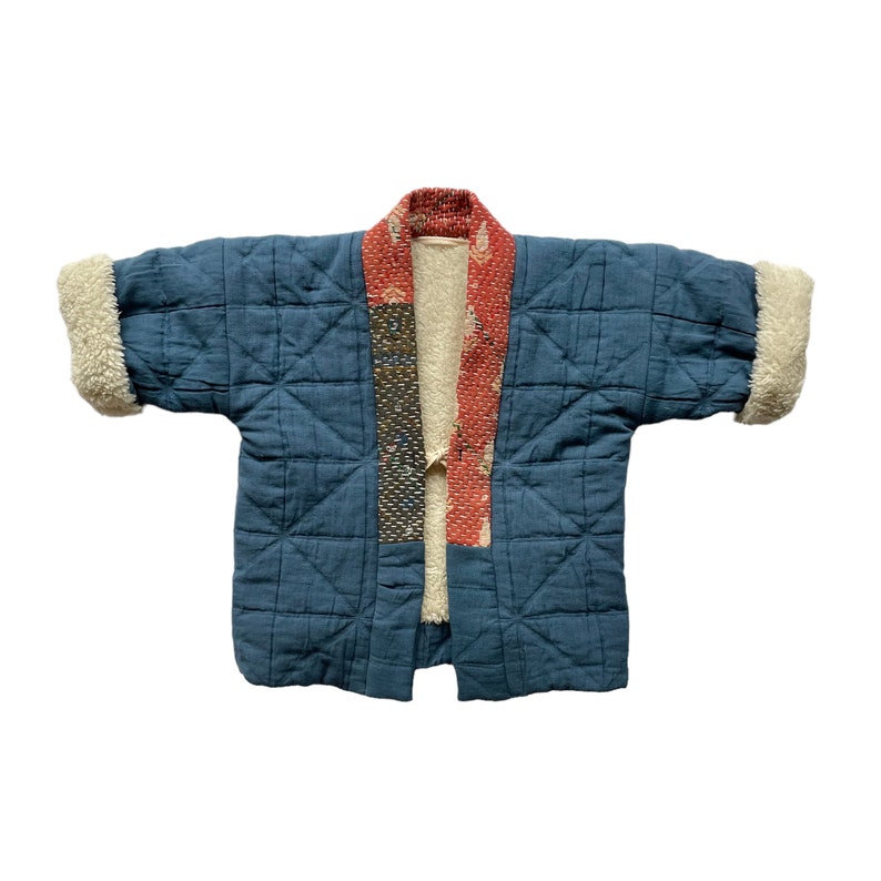 Abrigo HAORI para niño, YAMATO azul con cuello Kantha vintage imagen 1