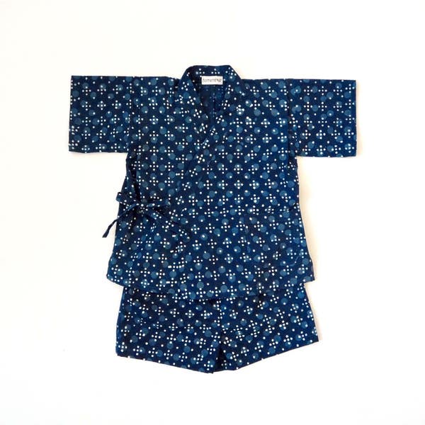 Baby Jinbei, Kimono INDIGO HOSHI ENFANT, vêtement pour bébé, imprimé a la main au tampon, fabriqué en France, tissu en Inde