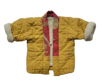 Manteau HAORI pour enfant, KIKU jaune avec le col Kantha vintage