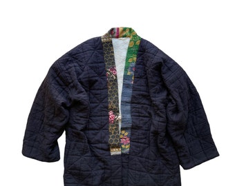 Haori coat for adult, YAMATO (blue), with the coller of Kantha quilt