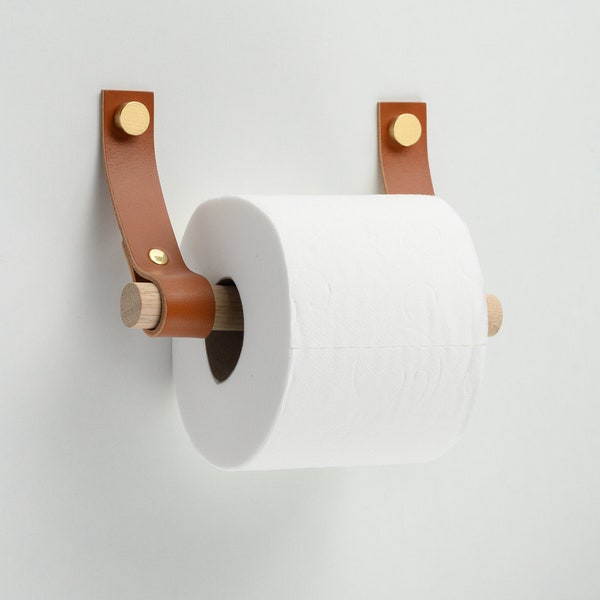Toilet paper holder from leather and wood, straight ends