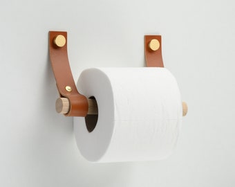 Toilet paper holder from leather and wood, straight ends