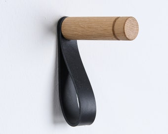 Wood wall hook with leather strap