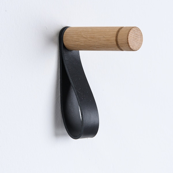 Wood wall hook with leather strap
