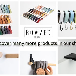 May include: Assortment of leather drawer pulls in various colors and styles.  The pulls are shown in rows on a white background.  The text "ROWZEC DESIGN" is displayed in a black rectangle.  The text "Discover many more products in our shop!" is displayed below the image.
