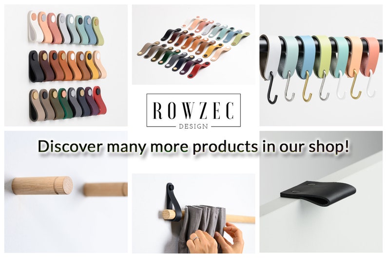 May include: Assortment of leather drawer pulls in various colors and styles.  The pulls are shown in rows on a white background.  The text "ROWZEC DESIGN" is displayed in a black rectangle.  The text "Discover many more products in our shop!" is displayed below the image.