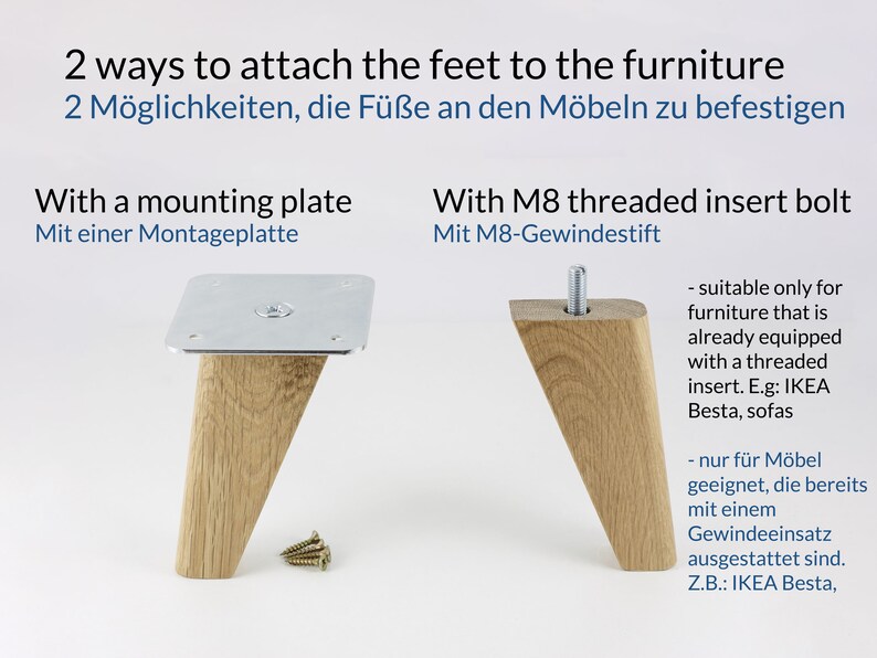 Mid Century legs with mounting plate or insert bolt