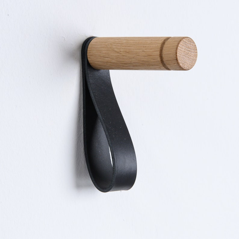 Wood wall hook with leather strap Black