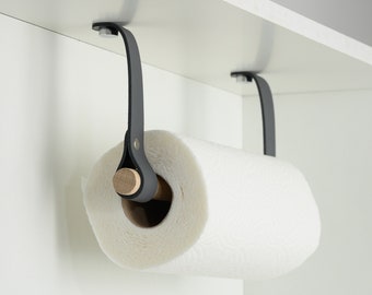 Paper towel holder from leather, wood / Kitchen roll holder, straight ends