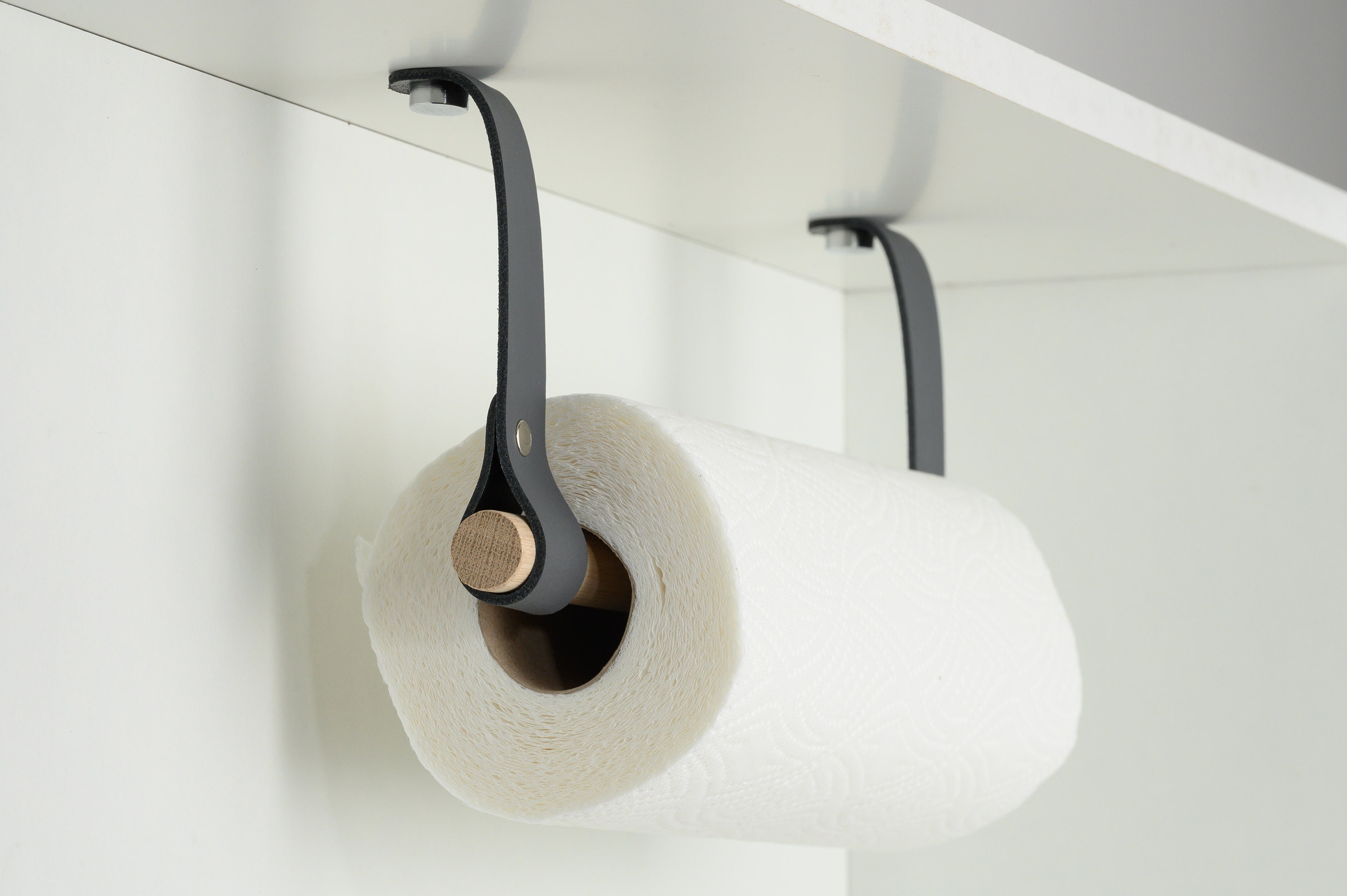 Paper Towel Holder / Kitchen Roll Holder From Leather, Wood, Rounded Ends 