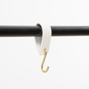 leather S-hook, coat hook, white leather with brass hook