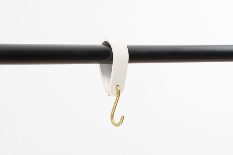 leather S-hook, coat hook, white leather with brass hook