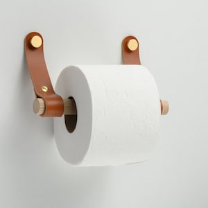 Toilet paper holder from leather and wood, rounded ends