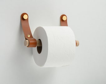 Toilet paper holder from leather and wood, rounded ends