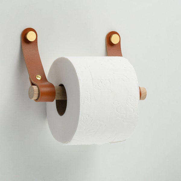 Porte-papier hygiénique en cuir et bois, extrémités arrondies