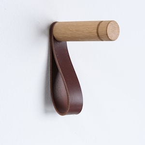 Wall hook with leather strap / Coat hook oak