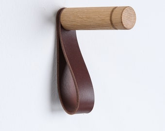 Wall hook with leather strap / Coat hook oak