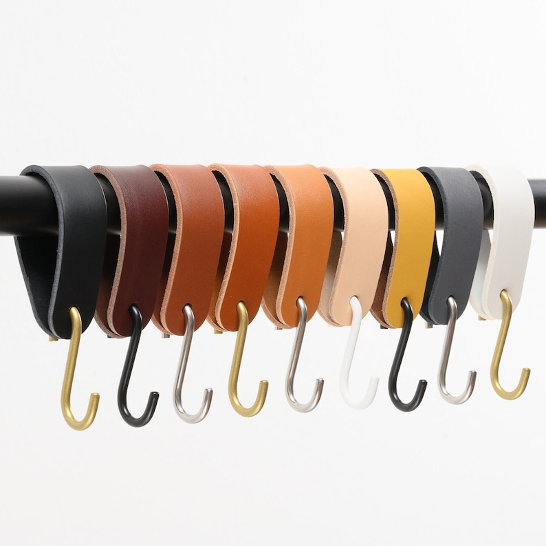 leather S-Hook, Coat hook for rods, bars, pipes, bag hanger, plant hanger