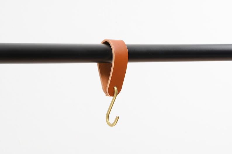 leather S-hook, coat hook, cognac brown leather with brass hook