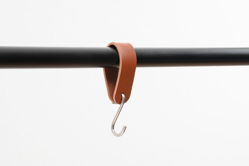 leather S-hook, coat hook, dark tan brown leather with silver hook