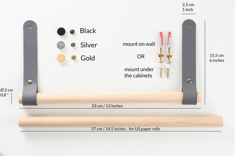 May include: A wooden towel bar with leather straps in gray. The bar is 13 inches long and can be mounted on a wall or under cabinets. It comes with screws and anchors for installation. The bar is available in black, silver, or gold finishes.