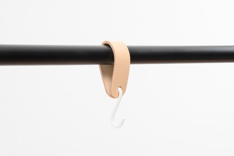 leather S-hook, coat hook, natural beige leather with white hook