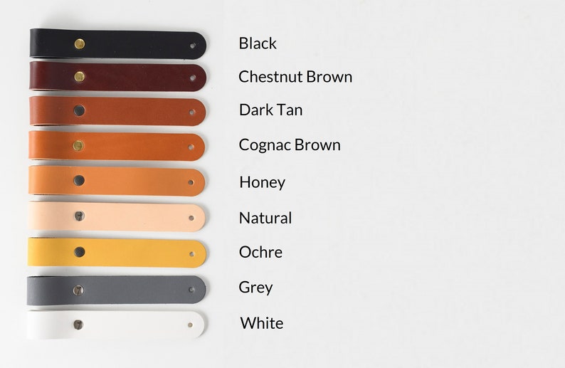 May include: Leather straps in various colors, including black, chestnut brown, dark tan, cognac brown, honey, natural, ochre, grey, and white.