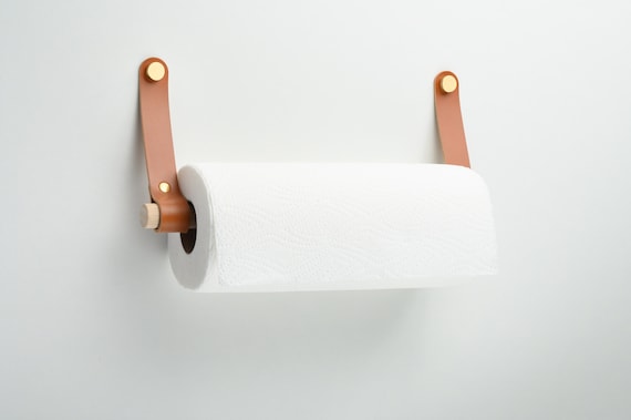 Paper towel holder / Wall mount or under kitchen cabinets dispenser from leather&wood (rounded)