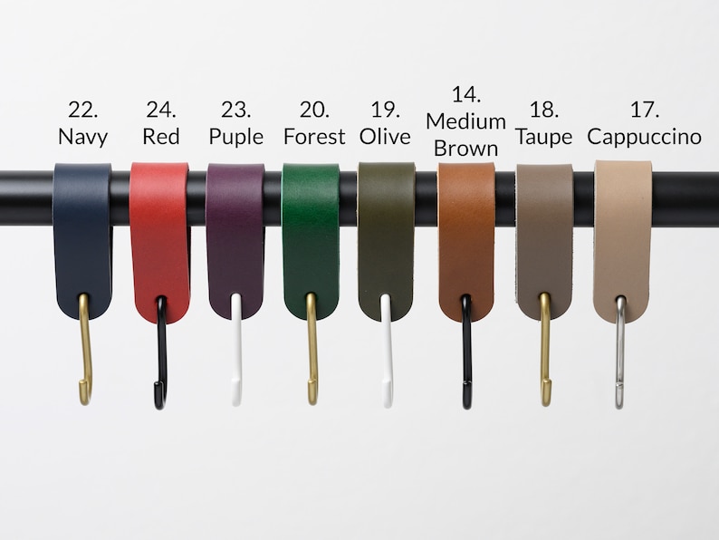 leather S-Hook, Coat hook for rods, bars, pipes, bag hanger, plant hanger, available colors