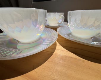 Federal Glass “Moonglow” Pearl Lustre Tea Set — 4 Cups + 4 Saucers — F14