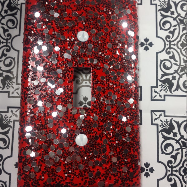 CHERRY RED Sparkle with Black & Silver Glitter \ Bling Light Switch Plates, Rockers, Outlet Covers \ Gothic and Rockabilly Home Wall Décor
