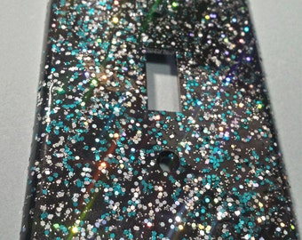 Black with Holographic Silver & Turquoise Glitter Bling Wall Plates / Sparkle Light Switch Plates, Rockers, Outlet Covers /Unique Home Décor