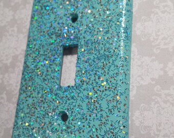 Light Aqua w/ Holographic Blue & Silver Opal Glitter ~ Bling Light Switch Plates, Outlet Covers ~Great Gift ~Ocean Beach Mermaid Theme Decor