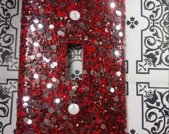 CHERRY RED Sparkle with Black & Silver Glitter \ Bling Light Switch Plates, Rockers, Outlet Covers \ Gothic and Rockabilly Home Wall Décor