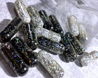 20 Glitter Pills in Organza Bag / Black, White & Holographic Sparkle Capsules, Glitter Bombs /Gag Gift / Bachelorette Confetti /Raver Favors