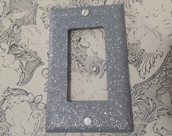 Satin Gray Finish, Silver Glitter: Decorative Bling Light Switch Plates, Outlet Covers, Rockers, & Safety Plugs / Modern Wall Lighting Decor