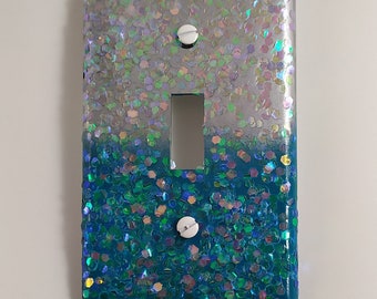 Silver & Teal Wall Plates \ White Iridescent Opal Glitter \ Bling Light Switch Plates, Rockers, Outlet Covers \ Nursery Room \ Mermaid Décor