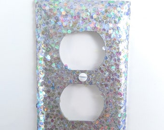 Silver Chrome w/ Iridescent White Opal Glitter ~ Bling Light Switch Plates, Rockers, Outlet Covers ~Cute Girly ~Baby's Nursery Room ~Unicorn