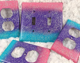 Pink Purple Turquoise Ombré / Sparkle Bling Light Switch Plates, Outlet Covers, & Rockers /Silver Holographic Glitter /Vibrant Unicorn Décor